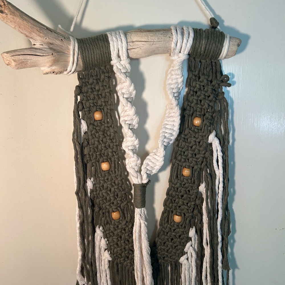 White/army green Boho style drift wood wall hanger